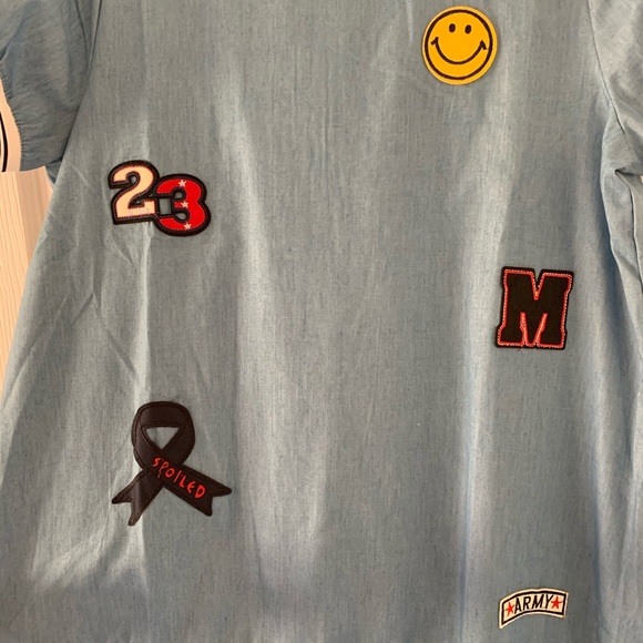 Faux denim drop waist dress w/ embroidered patches - Picture 3 of 4